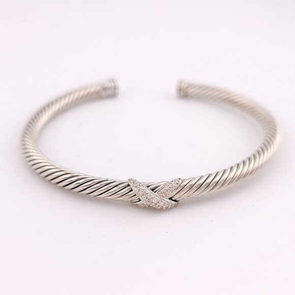 DAVID YURMAN Sterling Silver 4mm Classic Cable X Diamonds Bangle Bracelet LARGE - Picture 3 of 11